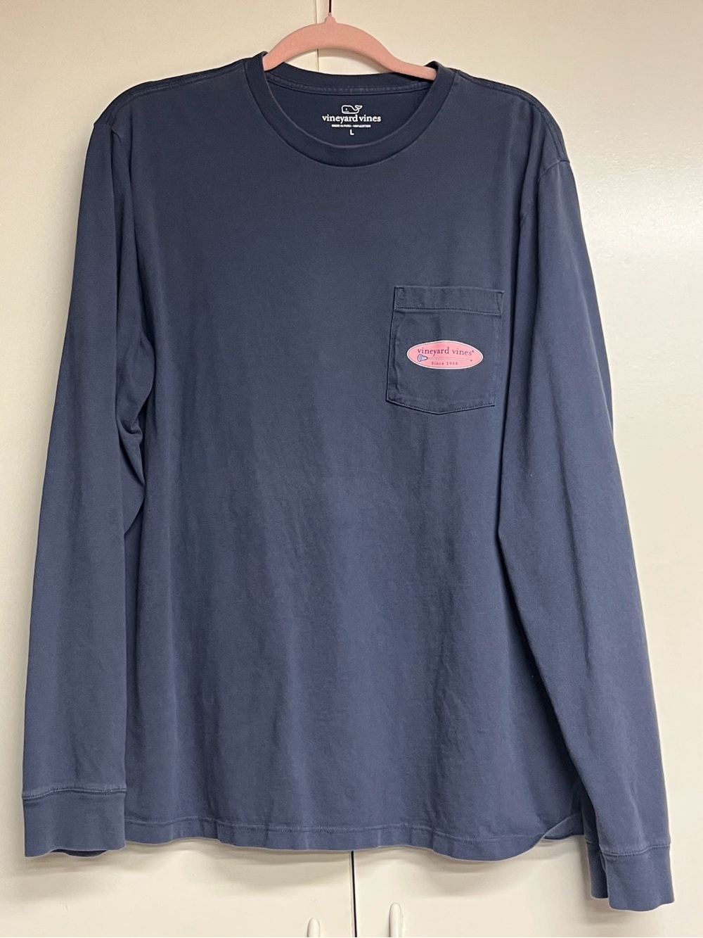 Vineyard Vines Navy Long Sleeve Pocket Tee with Pink Logo Patch, Size Large